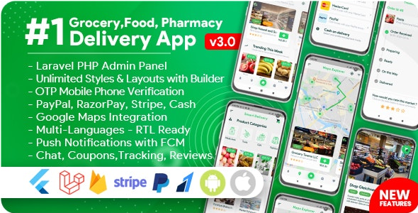 Grocery, Food, Pharmacy, Store Delivery Mobile App with Admin Panel v3.0.0 - 杂货、食品、药店、商店配送移动应用与后台管理面板