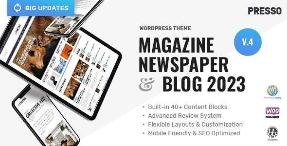 PRESSO v4.0.0 现代杂志报纸病毒式传播主题 - 清洁现代杂志主题