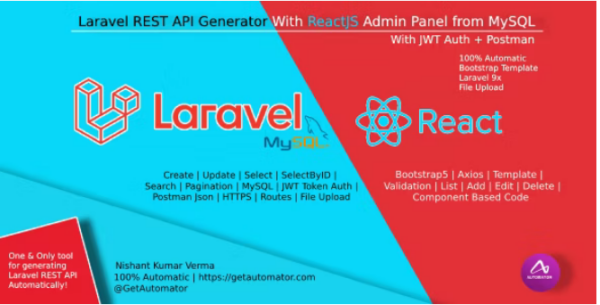 Laravel REST API Generator With React Admin Panel Generator + JWT Auth + Postman v3.0 - 高效Laravel REST API生成器与React管理面板生成工具