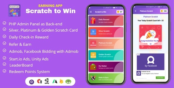 Scratch & Spin to Win Android App with Earning System v4.0 (Admob, Facebook, Start App Ads) - 带收益系统的刮刮乐和旋转赢奖安卓应用