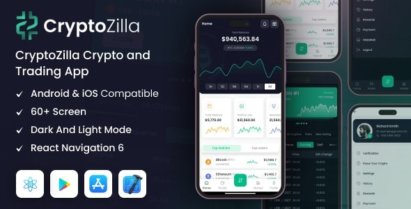 CryptoZilla (v.1.1) React Native CLI 加密货币移动应用模板