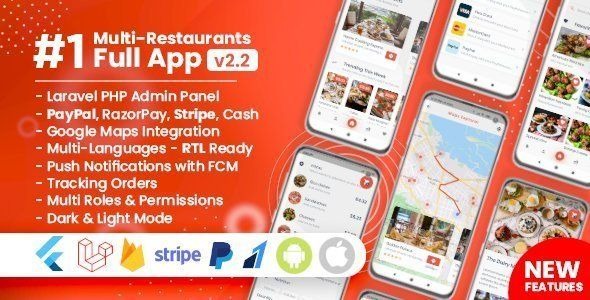 Food Delivery Flutter (v2.7.0) + PHP Laravel Admin Panel - 多餐厅外卖应用解决方案