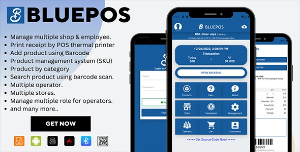 BLUEPOS v1.1 Android移动销售点(POS)系统，带管理后台API