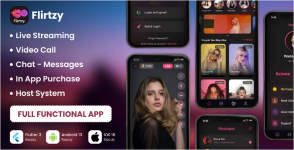 Flirtzy v3.0.0 直播、视频通话、聊天、主持 | Android | iOS | Node JS | React JS 带后端