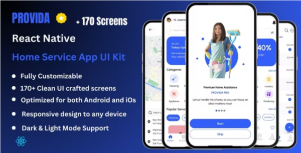 Provida Pro v1.0 家庭服务和家居清洁React Native Expo UI套件