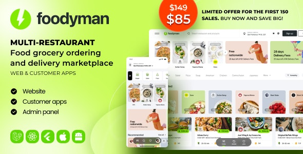 Foodyman v2024-22 多餐厅食品杂货订购与配送市场平台（网站与客户应用）