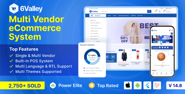 6valley Multi-Vendor E-commerce v14.7 多供应商电子商务完整解决方案 - 移动应用、网站和管理面板