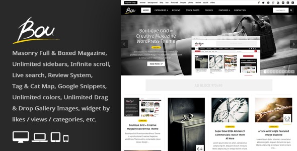 Bou (v3.2) Masonry Review Magazine Blog WordPress主题 - 砖石布局杂志博客网站模板
