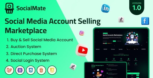 SocialMate v2.0 社交媒体账号销售市场主题