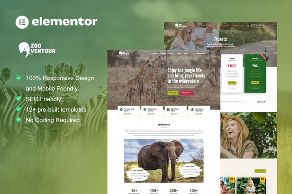 Zooventour – Safari & Zoo Elementor Pro Template Kit | 动物园和野生动物园Elementor专业模板套件