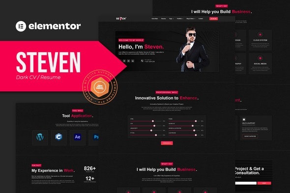 Steven - Dark CV Portfolio Resume Elementor Template Kit | 深色简历作品集Elementor模板工具包