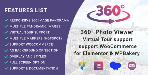 360° Photo Viewer v2.2.3 (虚拟全景) 适用于Elementor, Gutenberg和WPBakery