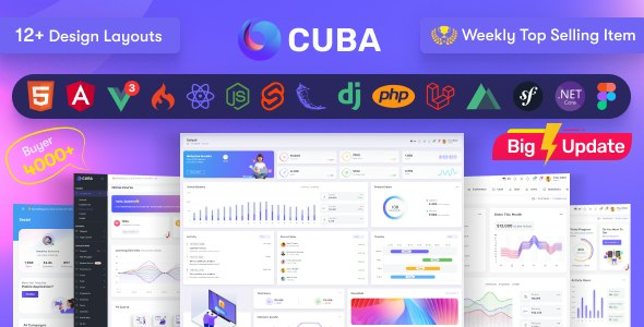 Cuba (ver. 12 March 2025) HTML, React, Angular, Vue 3, Nuxt, Next Js, Node , Asp.Net, Laravel 响应式后台管理仪表盘模板
