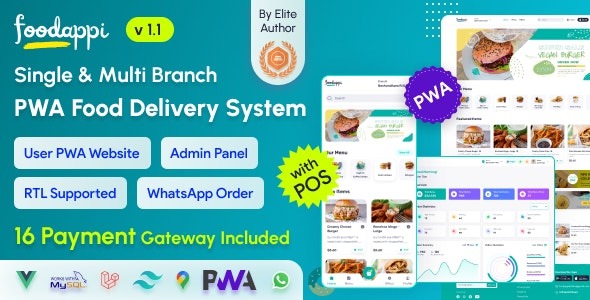 FoodAppi v1.8 PWA 食品外卖系统和WhatsApp菜单订购带管理面板 | 餐厅POS