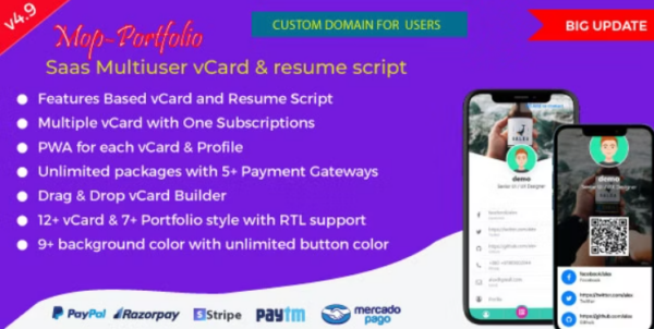Mop v4.6 SaaS vCard / Portfolio / Resume / Digital Business card - 多功能个人作品集与数字名片WordPress主题
