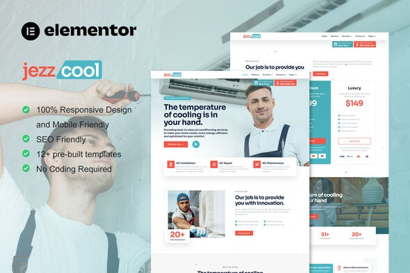 JezzCool – AC Repair Services Elementor Pro Template Kit – 空调维修服务Elementor专业模板套件