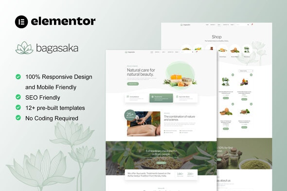 Bagasaka - 阿育吠陀治疗与WooCommerce商店Elementor Pro模板套件