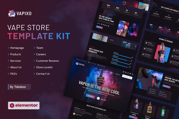 Vapixo – Vape Store Elementor Pro Template Kit – 电子烟商店Elementor专业模板套件