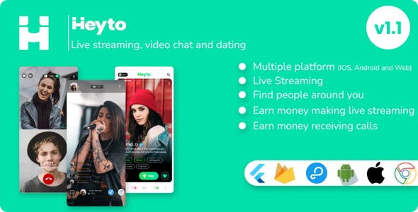 Heyto v1.0 直播 (iOS, Android 和 Web) 付费视频通话和约会，带管理面板的支付系统