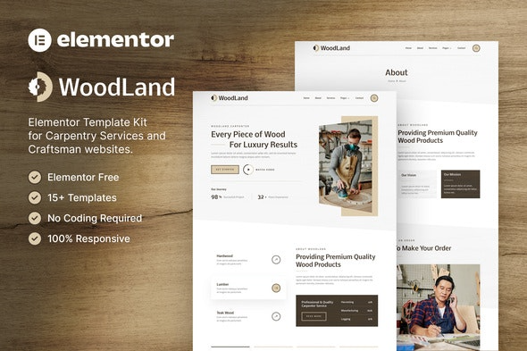 WoodLand – Carpenter & Craftsman Elementor Template Kit – 木工与工匠Elementor模板套件