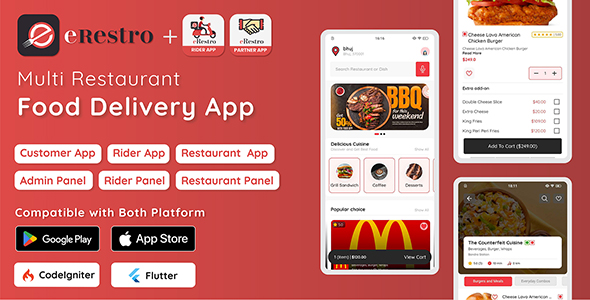 eRestro (v1.0) Flutter多餐厅和供应商市场 - 超本地化业务的食品订购应用 v1.0