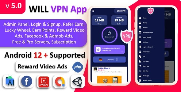 WILL VPN App (v9.0) VPN应用带管理面板 | 安全VPN和快速VPN | 推荐与赚取 | 奖励幸运轮盘
