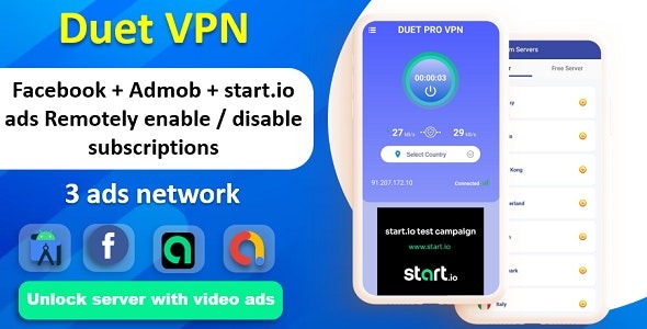 Duet Pro VPN App (v8.0) 安全VPN应用及快速VPN | 订阅 | StartApp广告 | Facebook和Admob广告