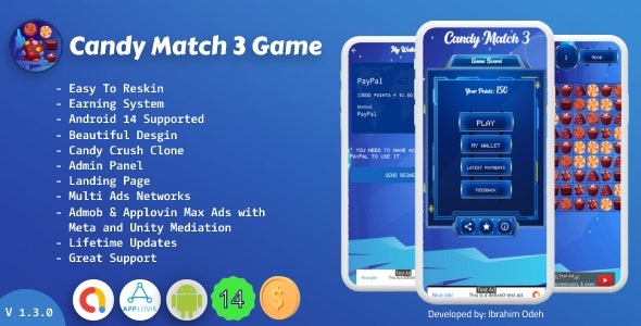 v1.3.0 Candy Match 3 Game with Earning System and Admin Panel + Landing Page - 糖果消除游戏带收益系统和后台管理面板及落地页