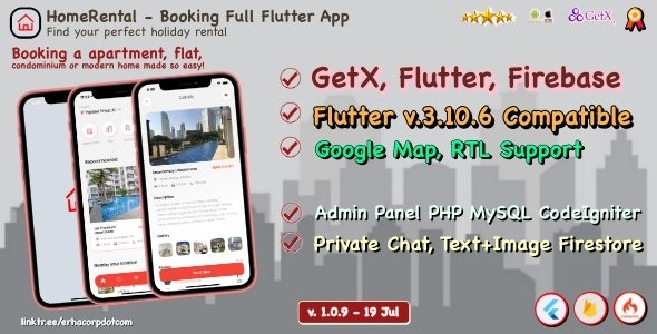 HomeRental v1.0.9 预订物业完整Flutter应用带聊天功能 | GetX | 网站管理面板