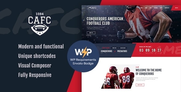 Conquerors v1.2.13 美式足球与NFL WordPress主题 - 专为美式足球俱乐部设计的响应式网站模板