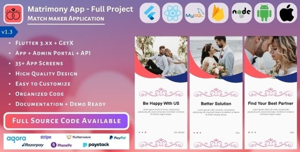Matrimony App v1.3 Match Maker | Life Partner – 完整项目（移动应用、管理面板、API、数据库）