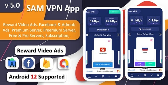 SAM VPN App (v8.0) 安全VPN和高速服务器VPN | 奖励视频广告 | 订阅 | Admob和FB广告
