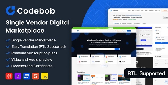 Codebob v1.3 Single-Vendor Digital Marketplace - 单供应商数字市场WordPress主题